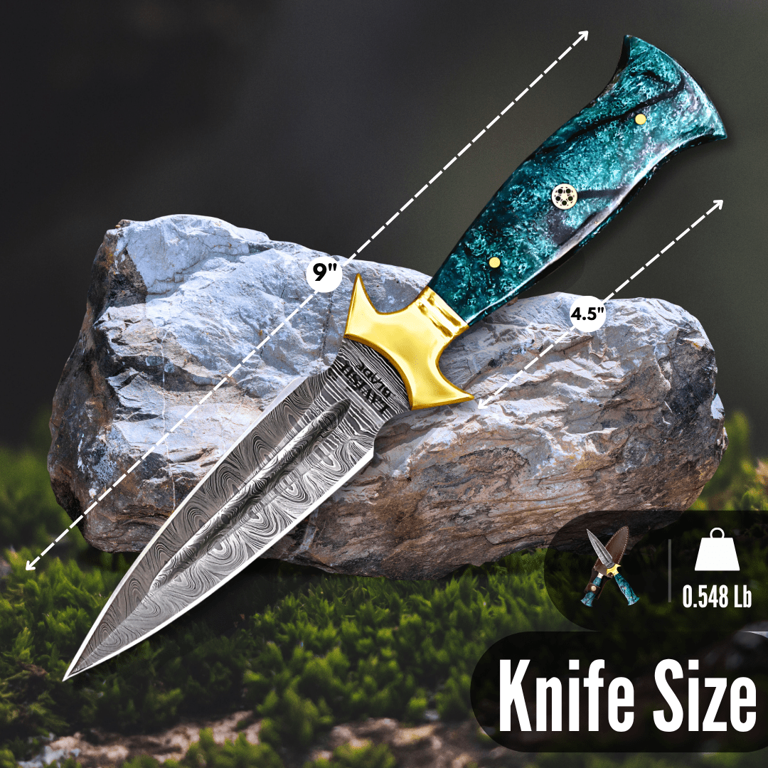 Hand Forged Damascus Athame 9 Inch Emerald Marbled Resin with Gold Guard - Lavish Blade