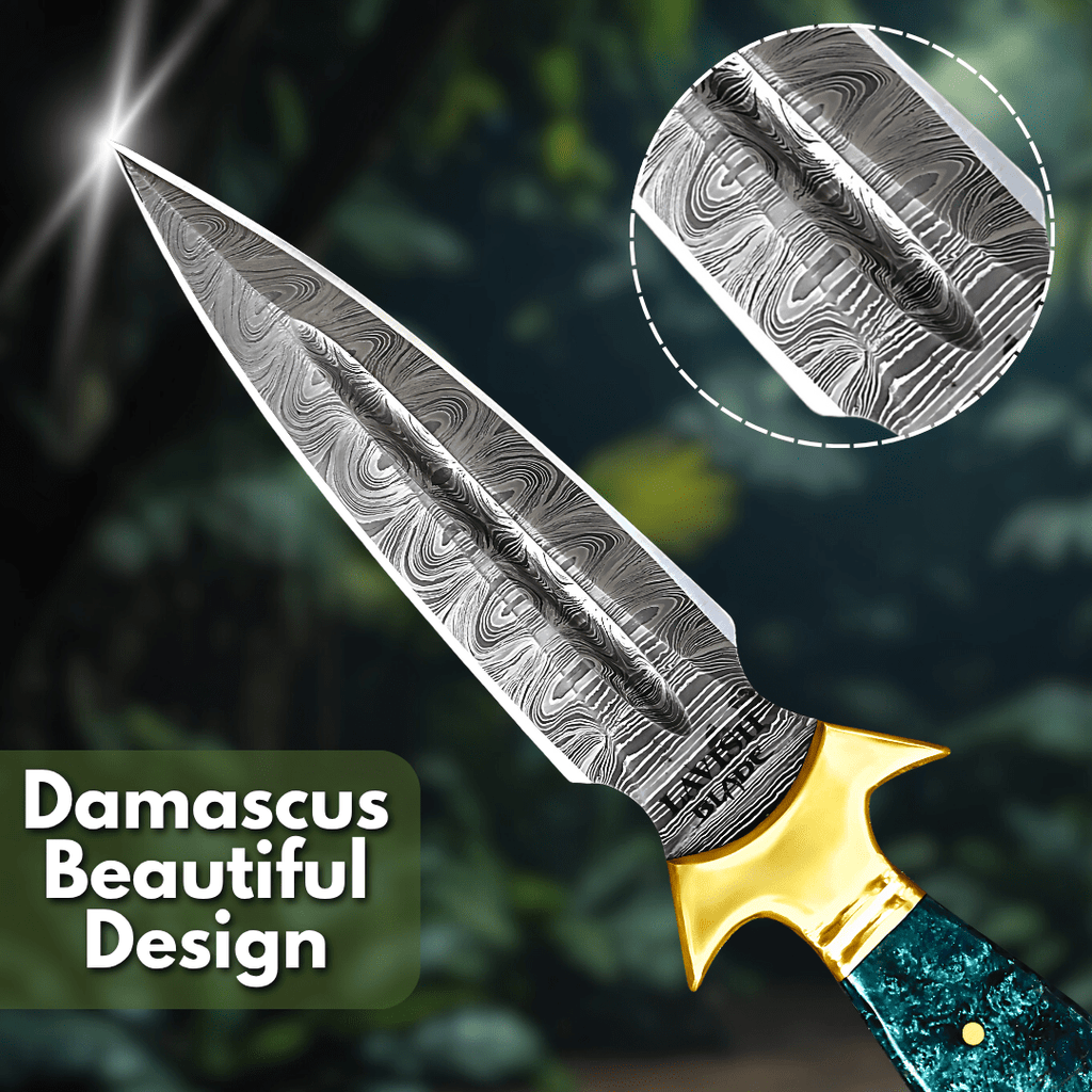 Hand Forged Damascus Athame 9 Inch Emerald Marbled Resin with Gold Guard - Lavish Blade