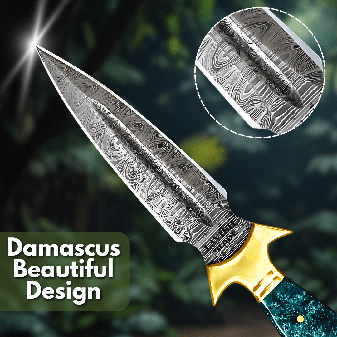 Hand Forged Damascus Athame 9 Inch Emerald Marbled Resin with Gold Guard - Lavish Blade