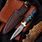 Hand Forged Damascus Athame 9 Inch Emerald Marbled Resin with Gold Guard - Lavish Blade