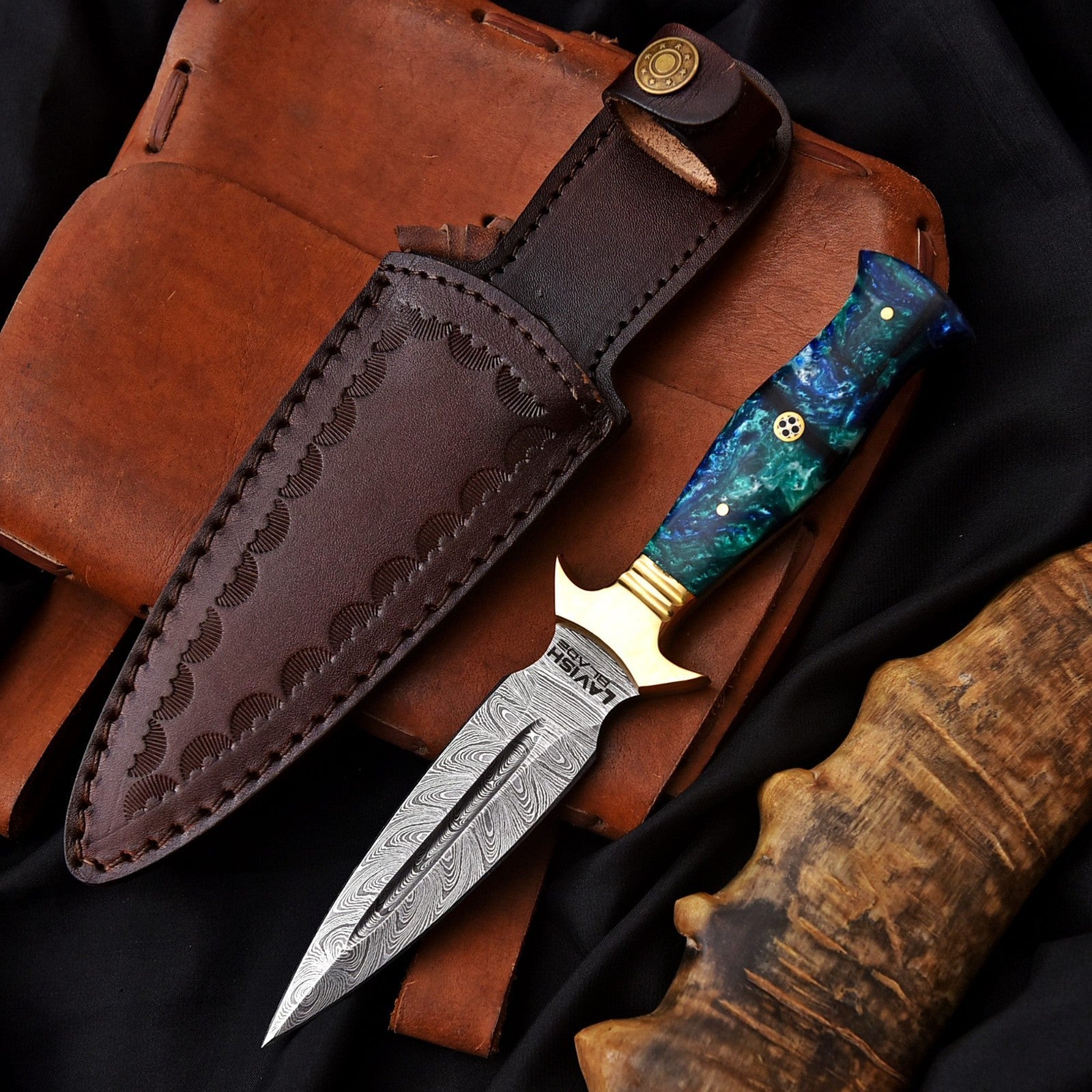 Hand Forged Damascus Athame 9 Inch Emerald Marbled Resin with Gold Guard - Lavish Blade