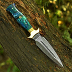 Hand Forged Damascus Athame 9 Inch Emerald Marbled Resin with Gold Guard - Lavish Blade