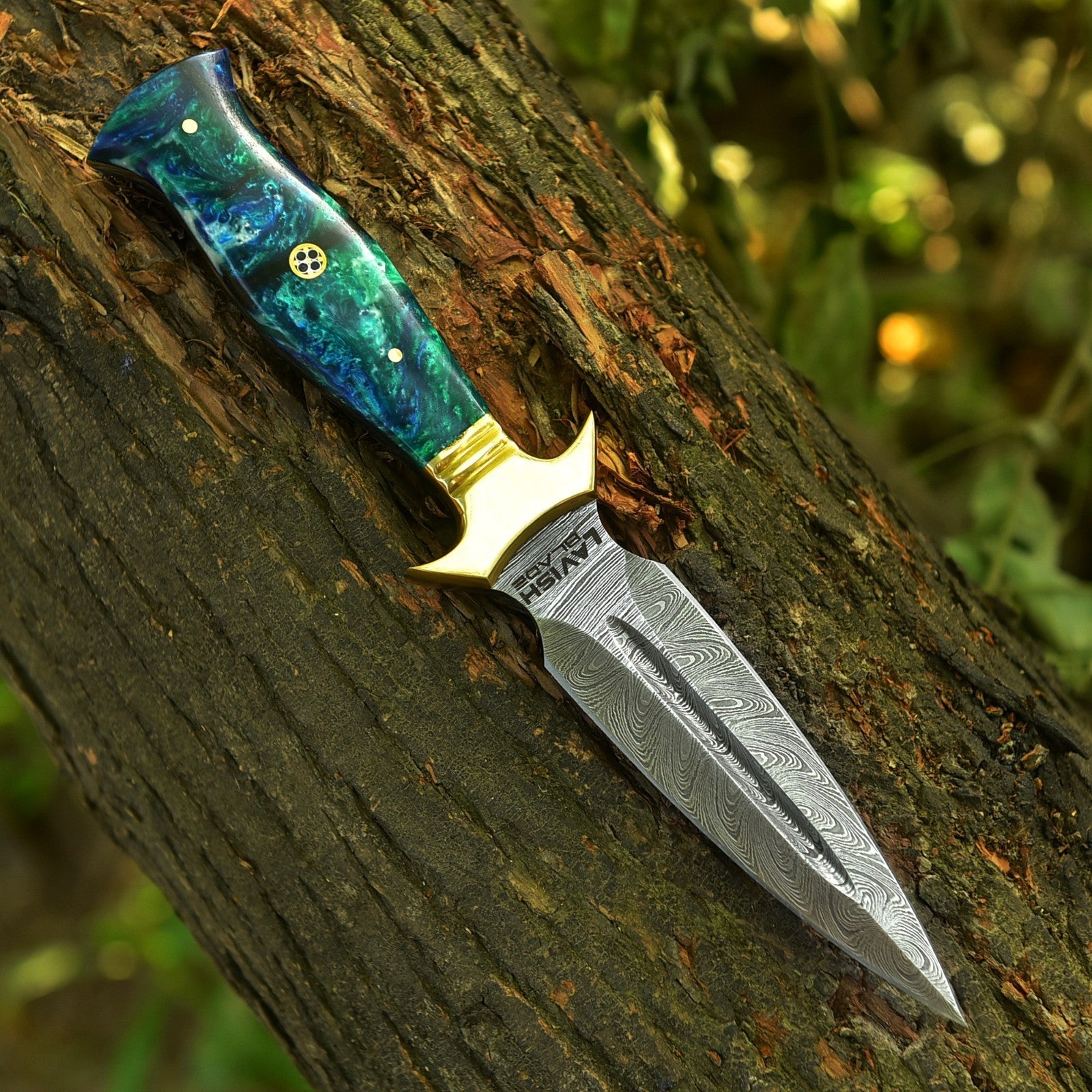 Hand Forged Damascus Athame 9 Inch Emerald Marbled Resin with Gold Guard - Lavish Blade