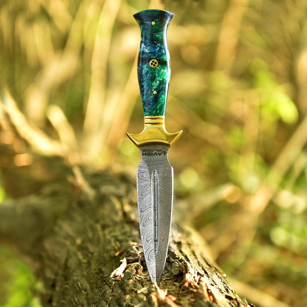 Hand Forged Damascus Athame 9 Inch Emerald Marbled Resin with Gold Guard - Lavish Blade