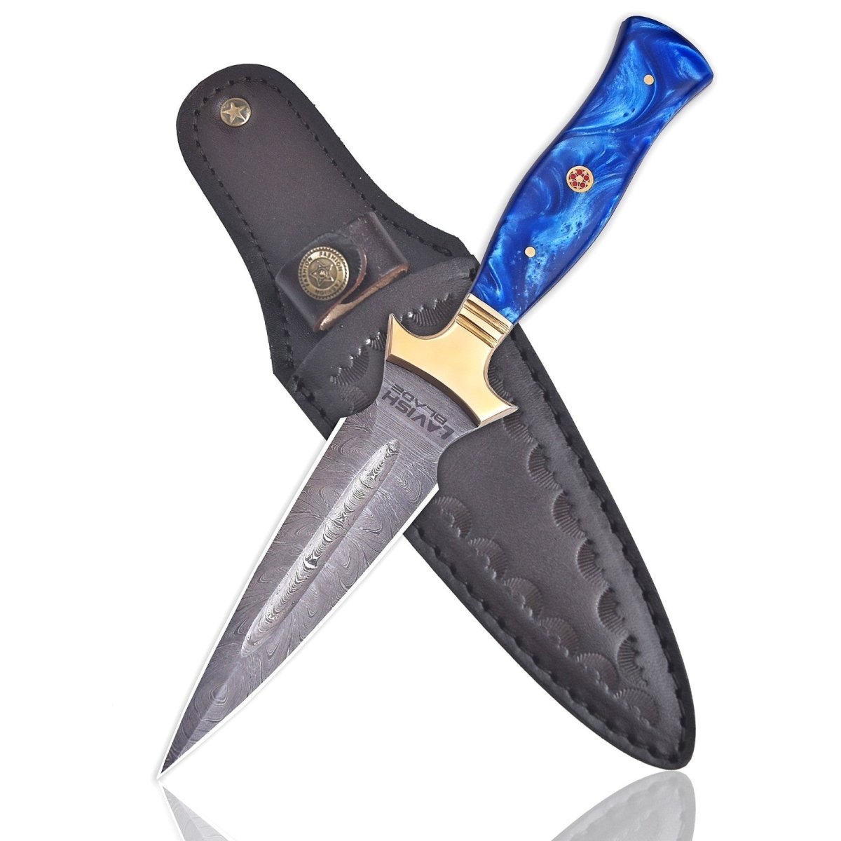 Hand Forged Damascus Athame 9 Inch Emerald Resin with Gold Guard and Sheath