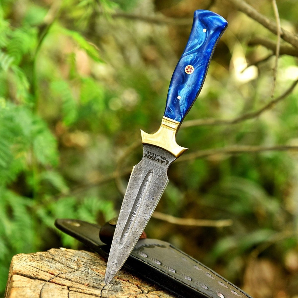 Hand Forged Damascus Athame 9 Inch Emerald Resin with Gold Guard and Sheath