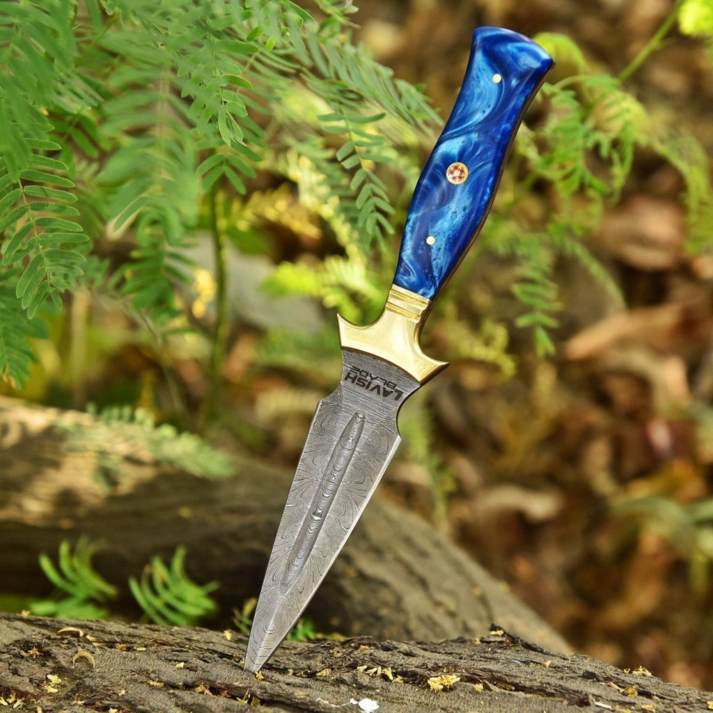 Hand Forged Damascus Athame 9 Inch Emerald Resin with Gold Guard and Sheath