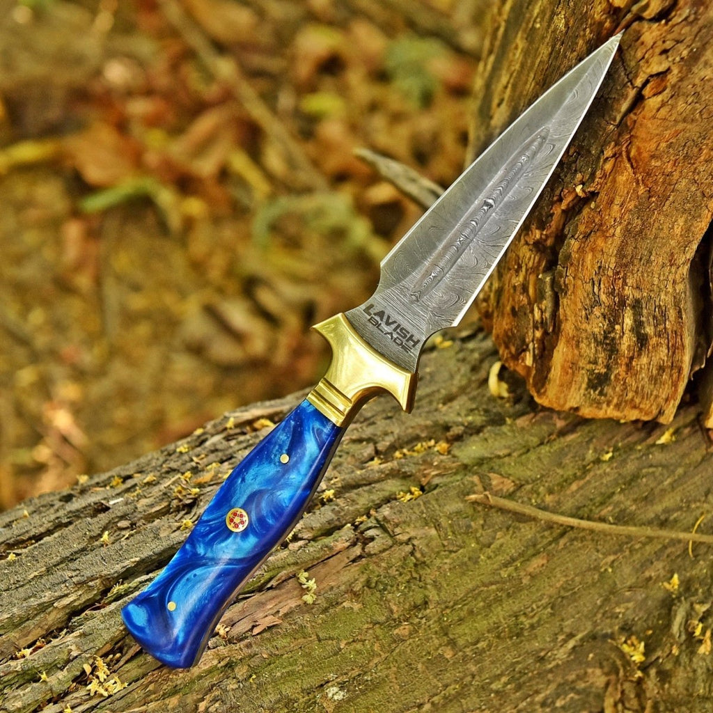 Hand Forged Damascus Athame 9 Inch Emerald Resin with Gold Guard and Sheath