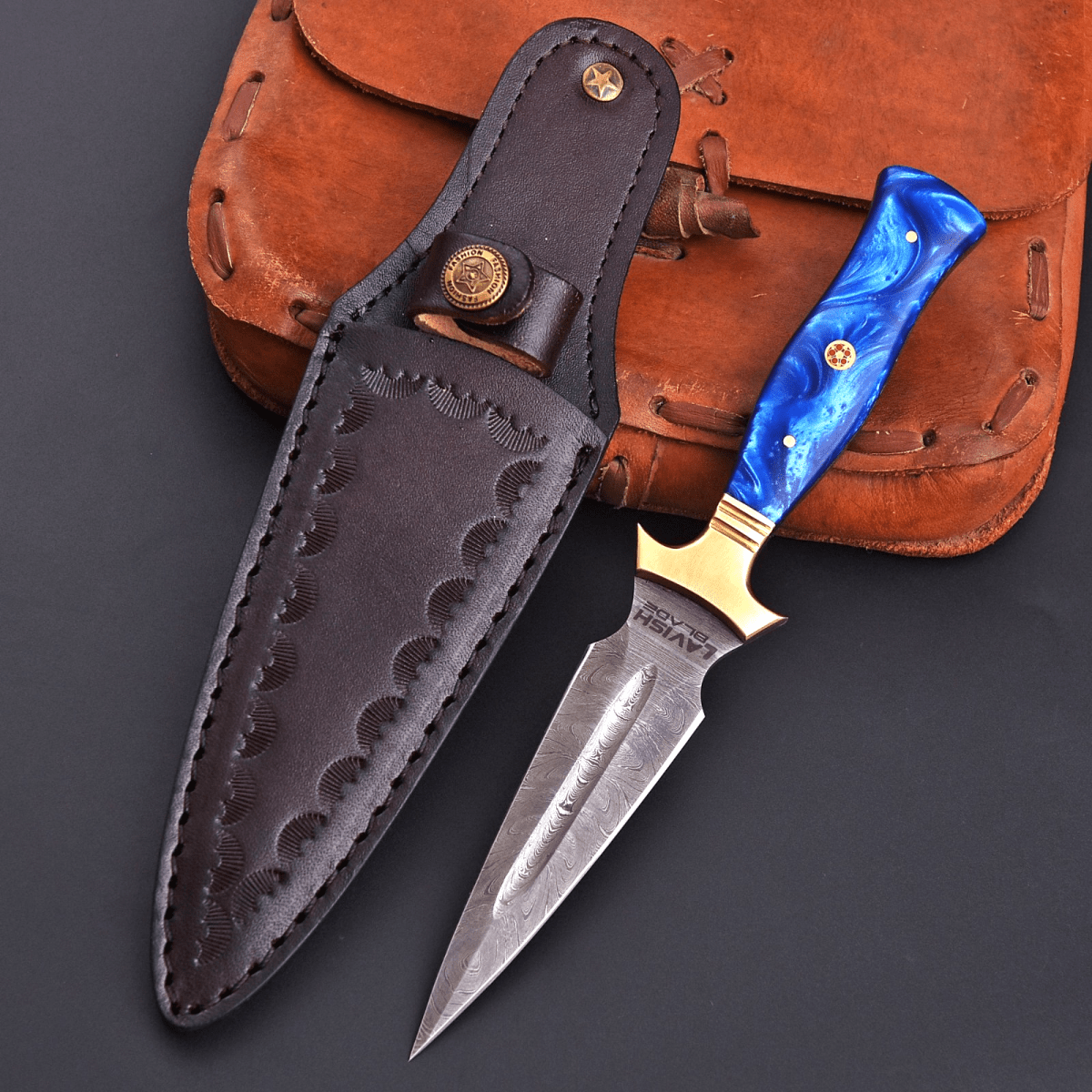 Hand Forged Damascus Athame 9 Inch Emerald Resin with Gold Guard and Sheath