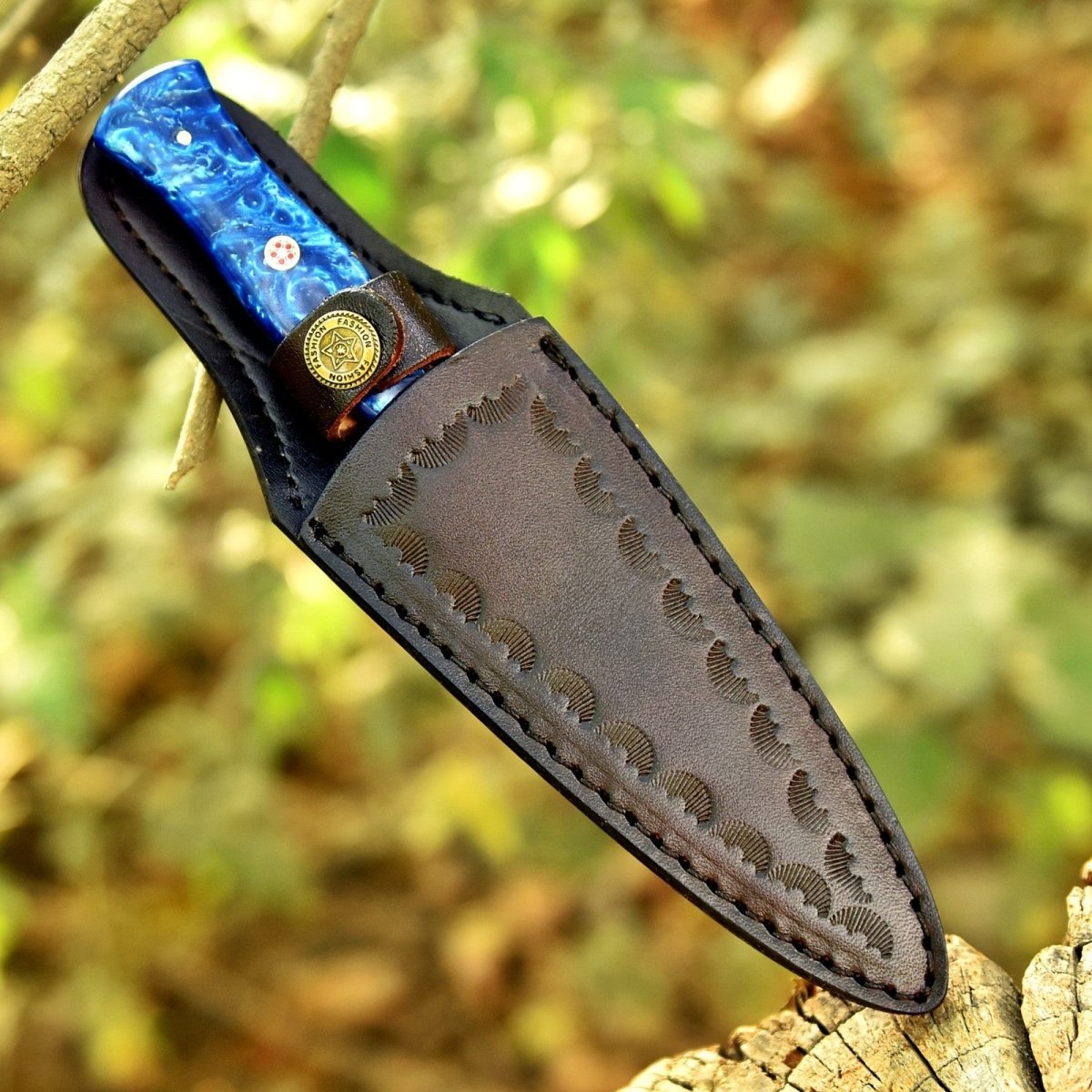 Hand Forged Damascus Athame 9 Inch Emerald Resin with Gold Guard and Sheath