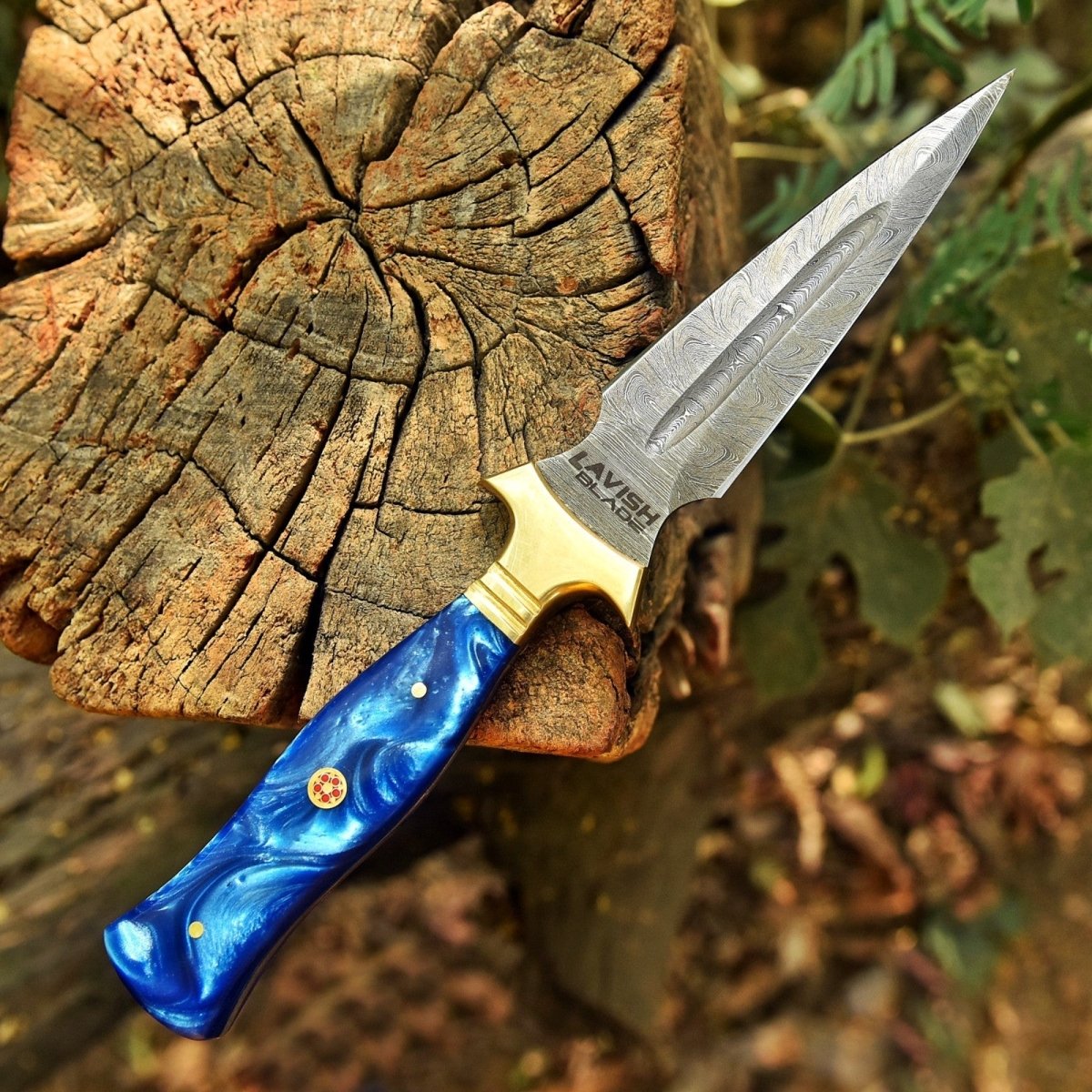 Hand Forged Damascus Athame 9 Inch Emerald Resin with Gold Guard and Sheath