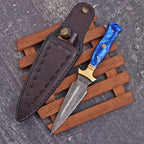 Hand Forged Damascus Athame 9 Inch Emerald Resin with Gold Guard and Sheath
