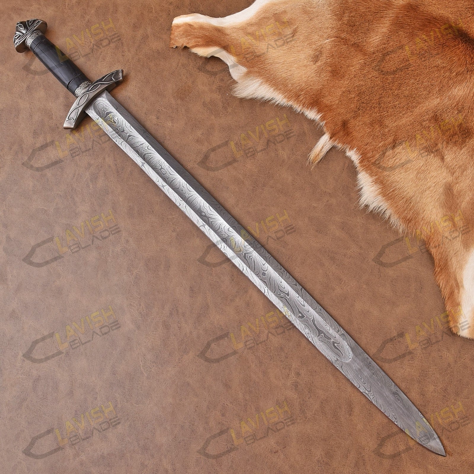 Hand Forged Damascus Steel Viking Sword 40 Inch with Custom Scabbard - Lavish Blade