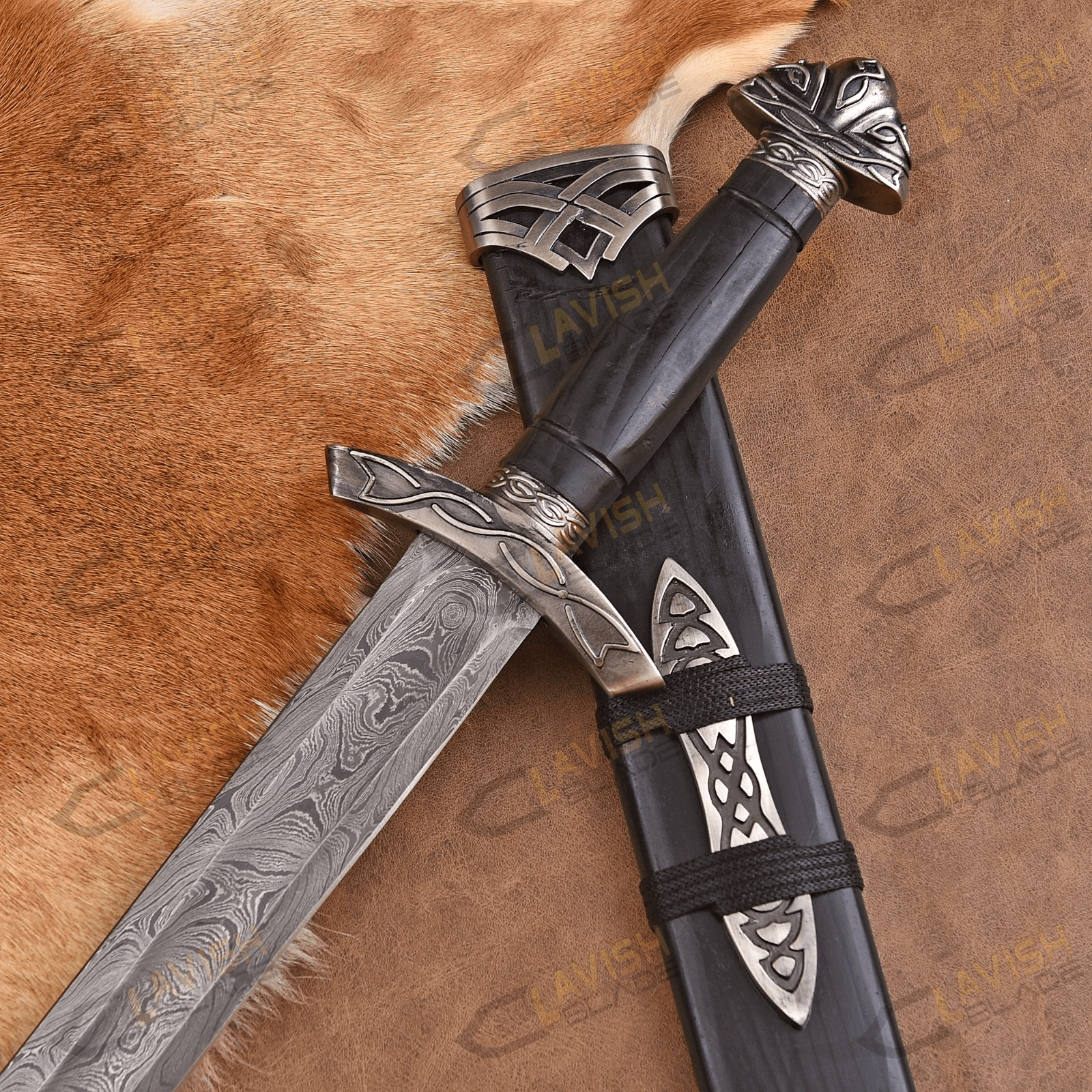 Hand Forged Damascus Steel Viking Sword 40 Inch with Custom Scabbard - Lavish Blade