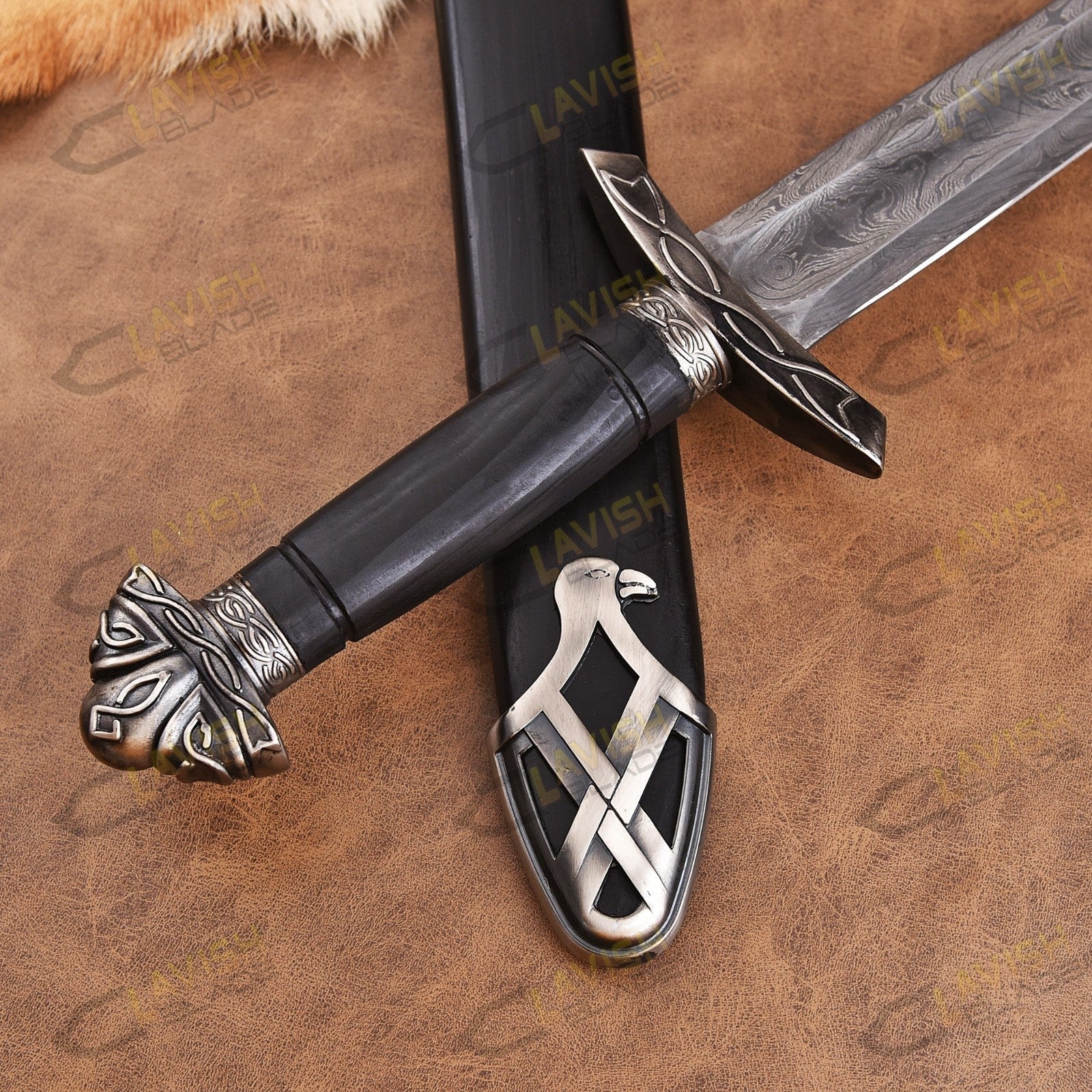 Hand Forged Damascus Steel Viking Sword 40 Inch with Custom Scabbard - Lavish Blade