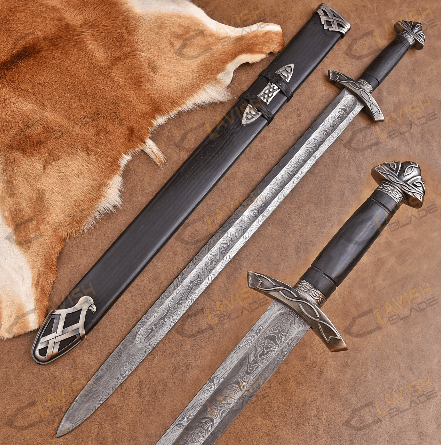 Hand Forged Damascus Steel Viking Sword 40 Inch with Custom Scabbard - Lavish Blade