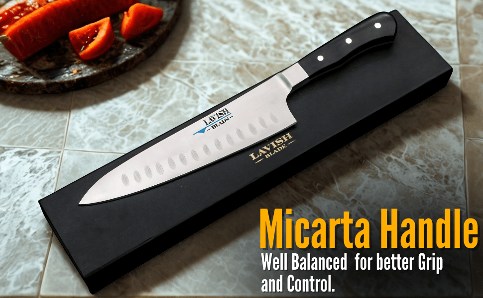 Hand Forged J2 Steel Santoku Knife 12.5 Inch Granton Edge with Micarta Handle - Lavish Blade