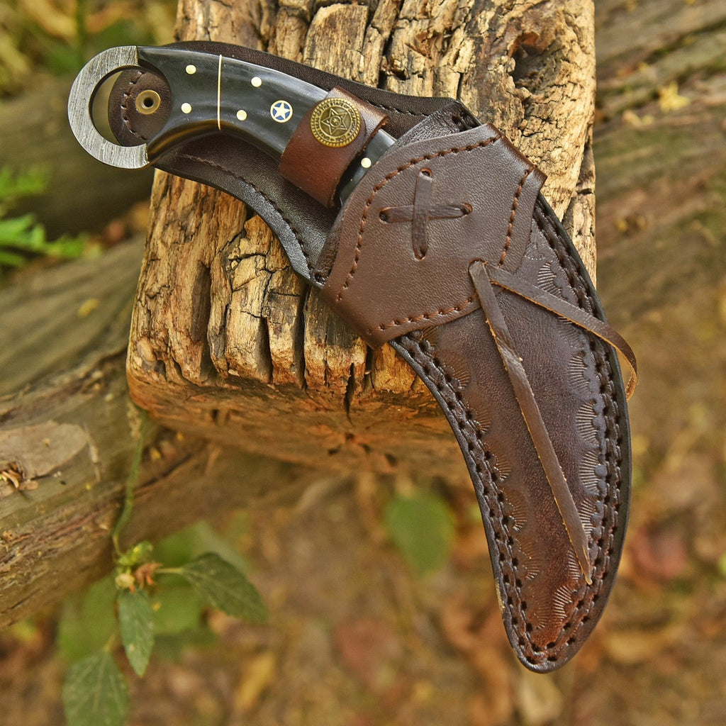 Handcrafted Damascus Karambit Knife 8 Inch Black Wood Handle with Tooled Sheath - Lavish Blade