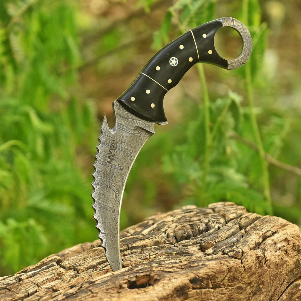 Handcrafted Damascus Karambit Knife 8 Inch Black Wood Handle with Tooled Sheath - Lavish Blade