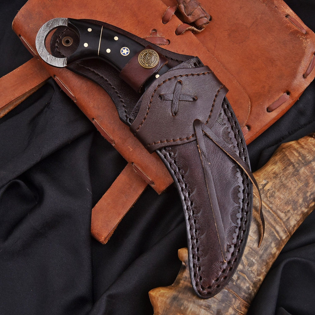 Handcrafted Damascus Karambit Knife 8 Inch Black Wood Handle with Tooled Sheath - Lavish Blade