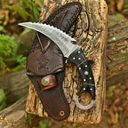 Handcrafted Damascus Karambit Knife 8 Inch Black Wood Handle with Tooled Sheath - Lavish Blade