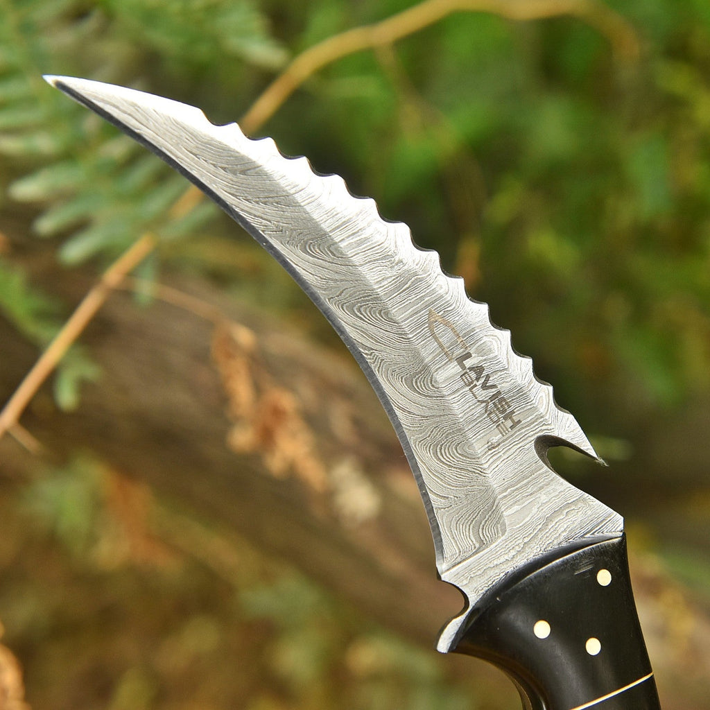 Handcrafted Damascus Karambit Knife 8 Inch Black Wood Handle with Tooled Sheath - Lavish Blade