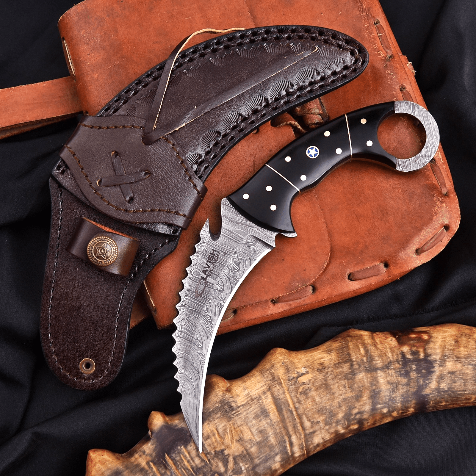 Handcrafted Damascus Karambit Knife 8 Inch Black Wood Handle with Tooled Sheath - Lavish Blade