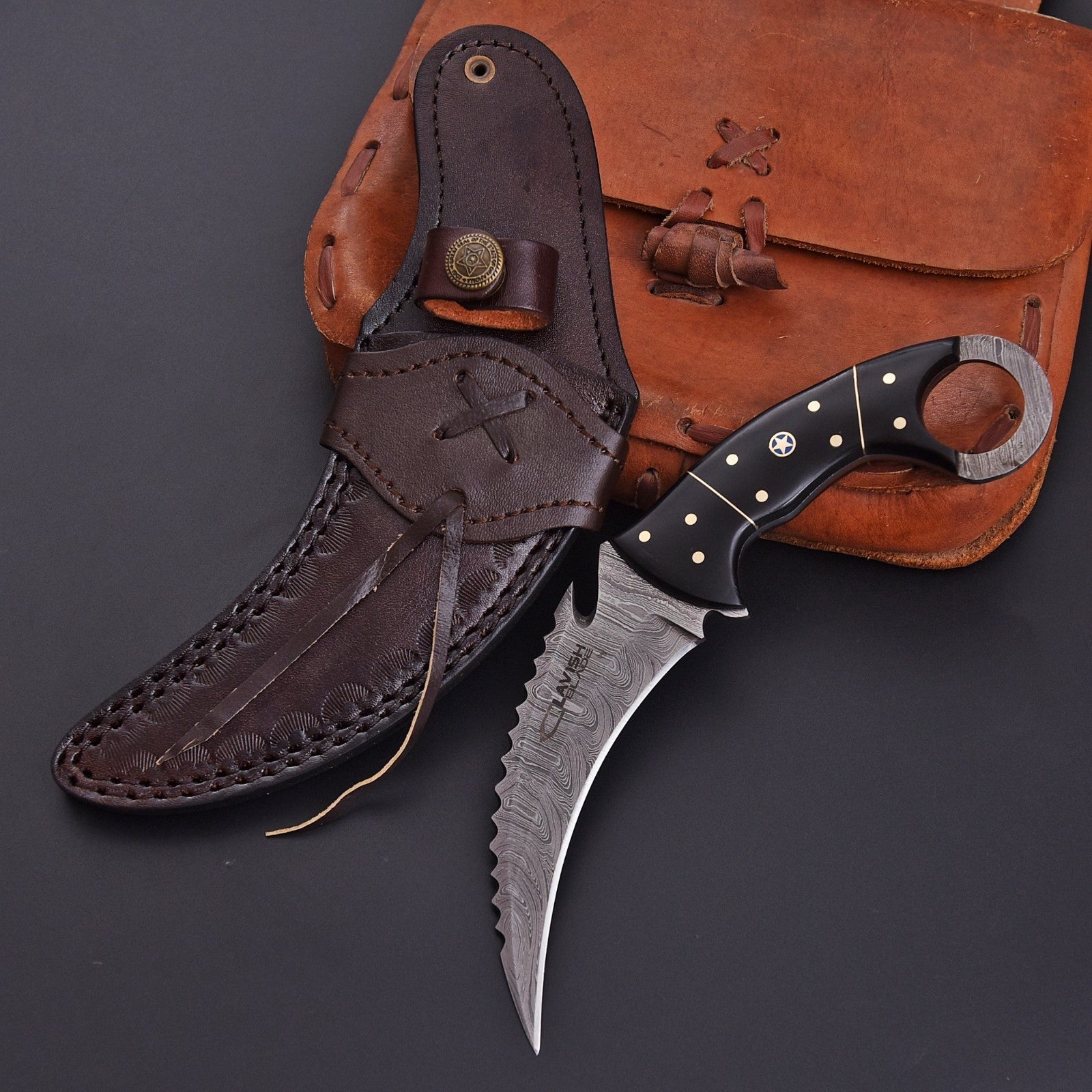 Handcrafted Damascus Karambit Knife 8 Inch Black Wood Handle with Tooled Sheath - Lavish Blade