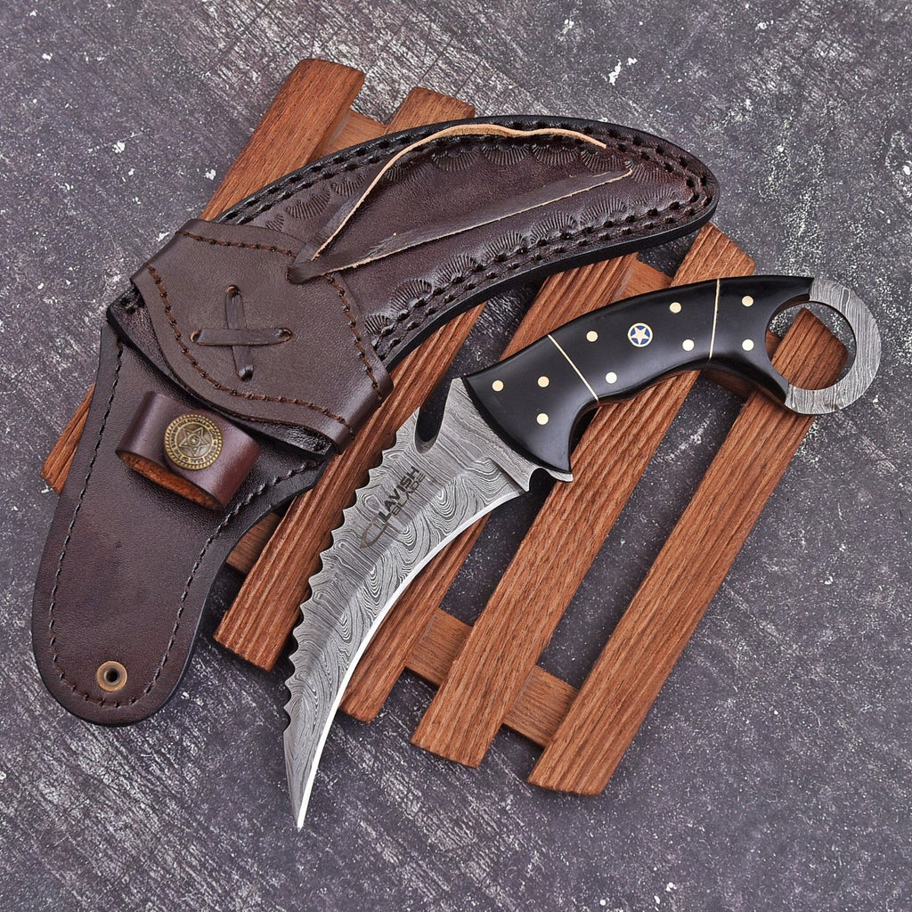 Handcrafted Damascus Karambit Knife 8 Inch Black Wood Handle with Tooled Sheath - Lavish Blade