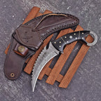 Handcrafted Damascus Karambit Knife 8 Inch Black Wood Handle with Tooled Sheath - Lavish Blade