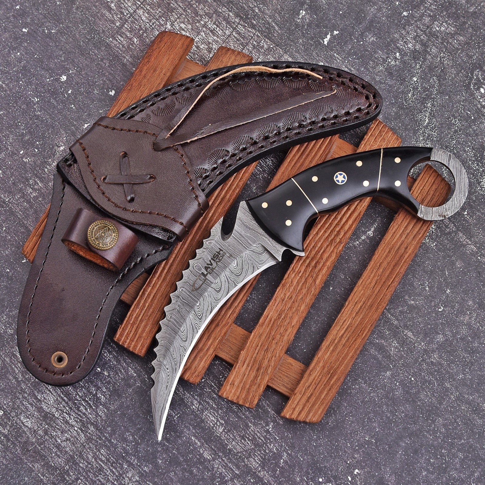Handcrafted Damascus Karambit Knife 8 Inch Black Wood Handle with Tooled Sheath - Lavish Blade