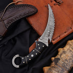 Handcrafted Damascus Karambit Knife 8 Inch Black Wood Handle with Tooled Sheath - Lavish Blade