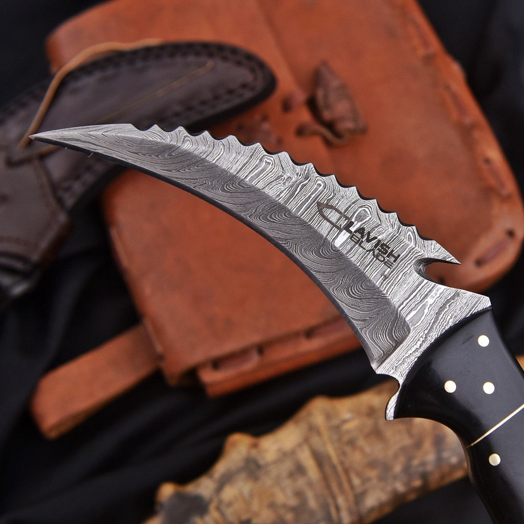 Handcrafted Damascus Karambit Knife 8 Inch Black Wood Handle with Tooled Sheath - Lavish Blade