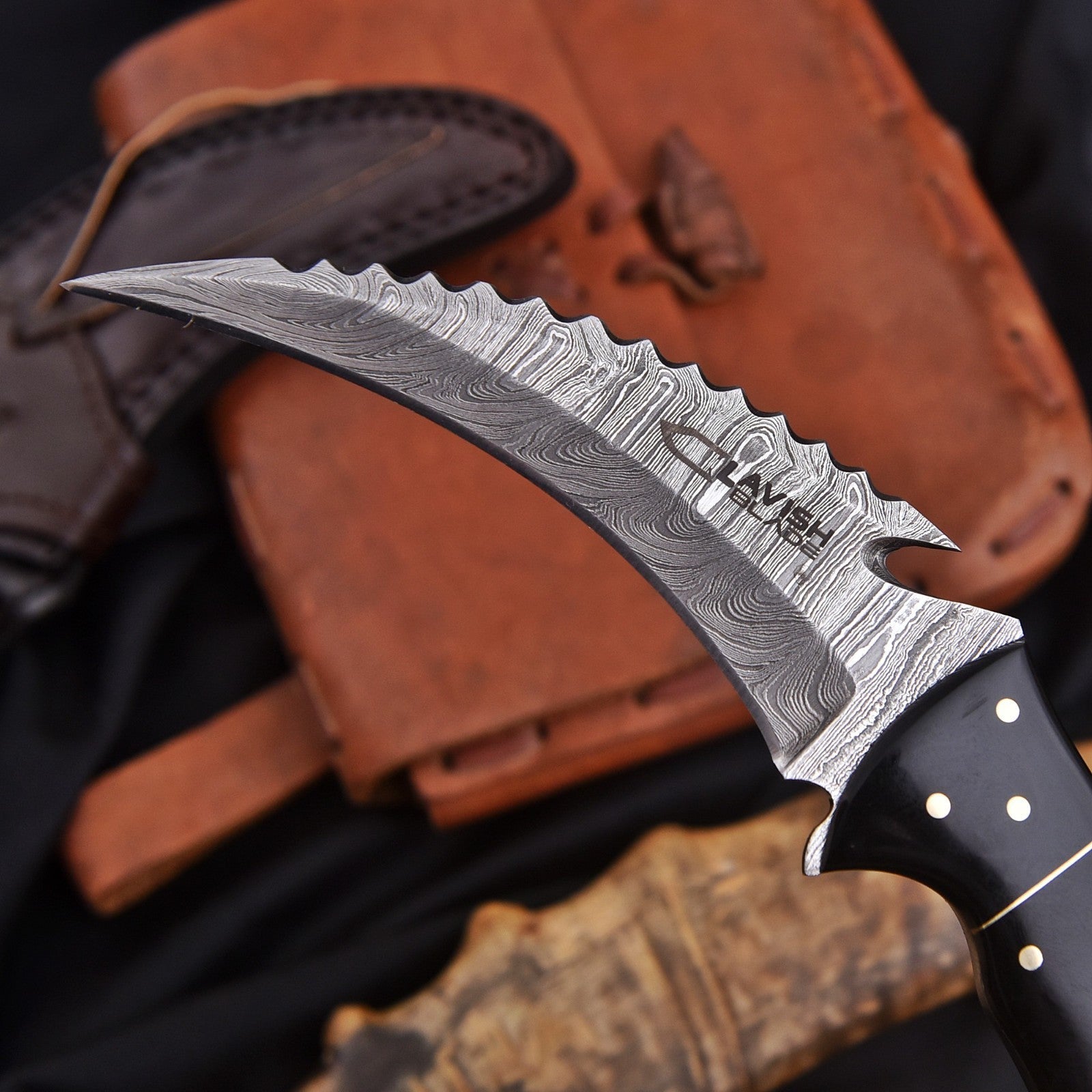 Handcrafted Damascus Karambit Knife 8 Inch Black Wood Handle with Tooled Sheath - Lavish Blade