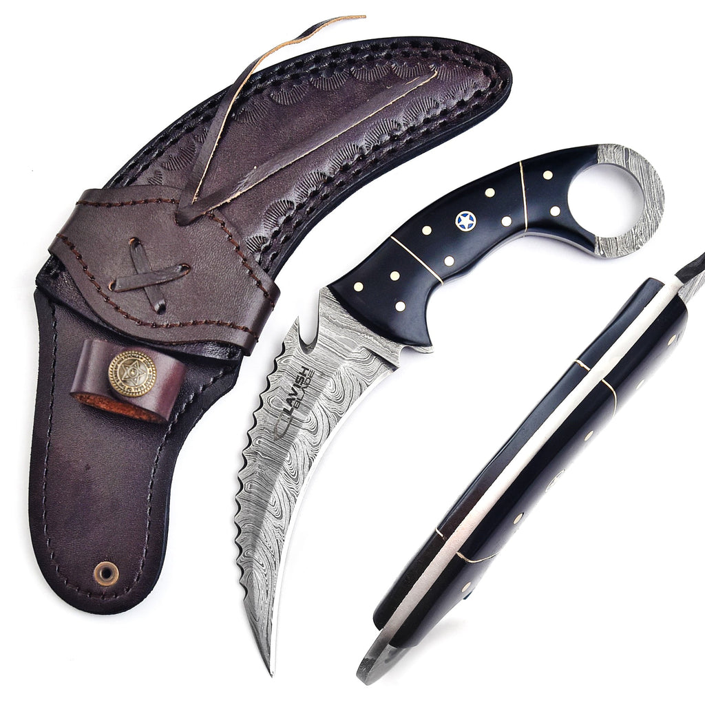 Handcrafted Damascus Karambit Knife 8 Inch Black Wood Handle with Tooled Sheath - Lavish Blade
