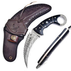 Handcrafted Damascus Karambit Knife 8 Inch Black Wood Handle with Tooled Sheath - Lavish Blade