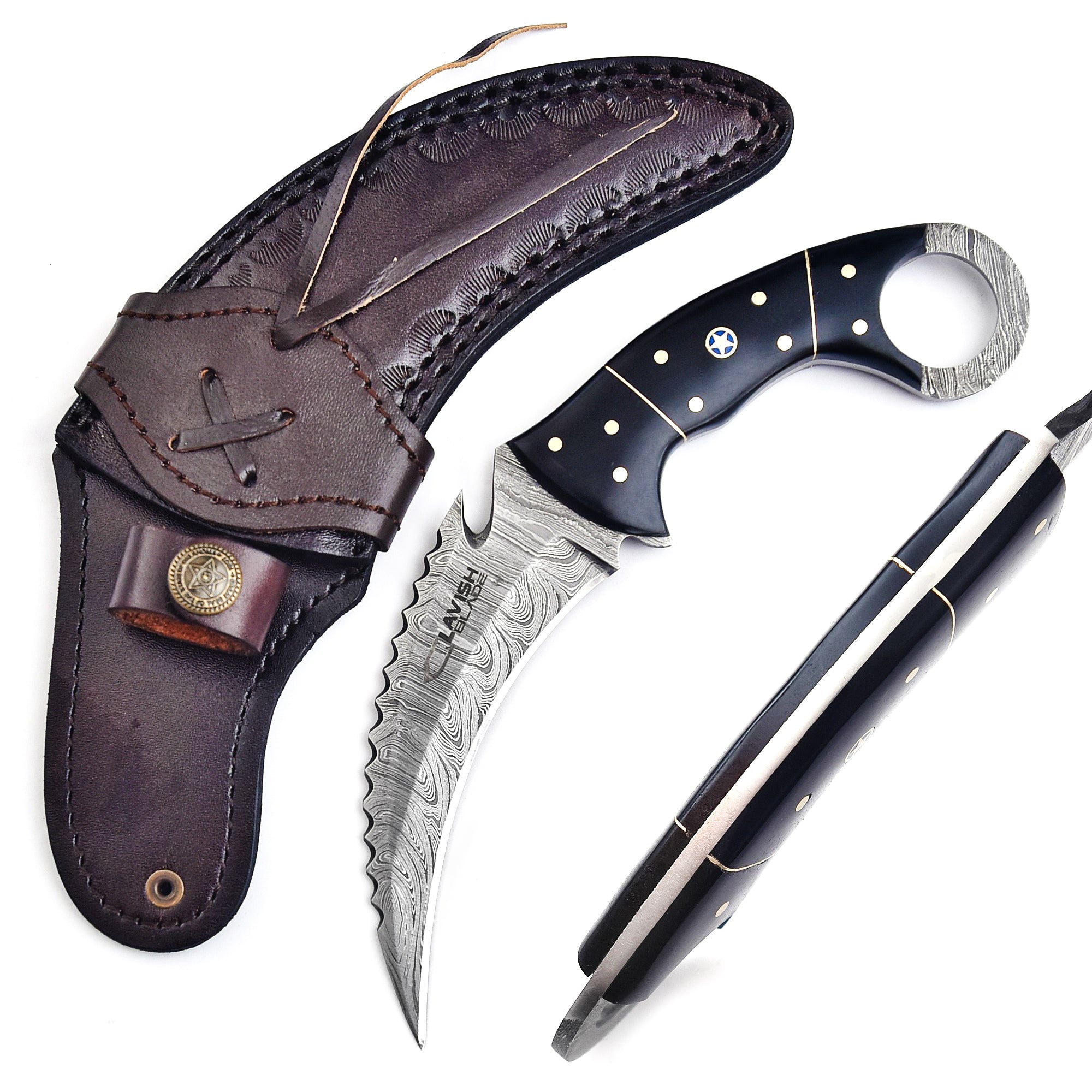 Handcrafted Damascus Karambit Knife 8 Inch Black Wood Handle with Tooled Sheath - Lavish Blade