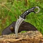 Handcrafted Damascus Karambit Knife 8 Inch Black Wood Handle with Tooled Sheath - Lavish Blade