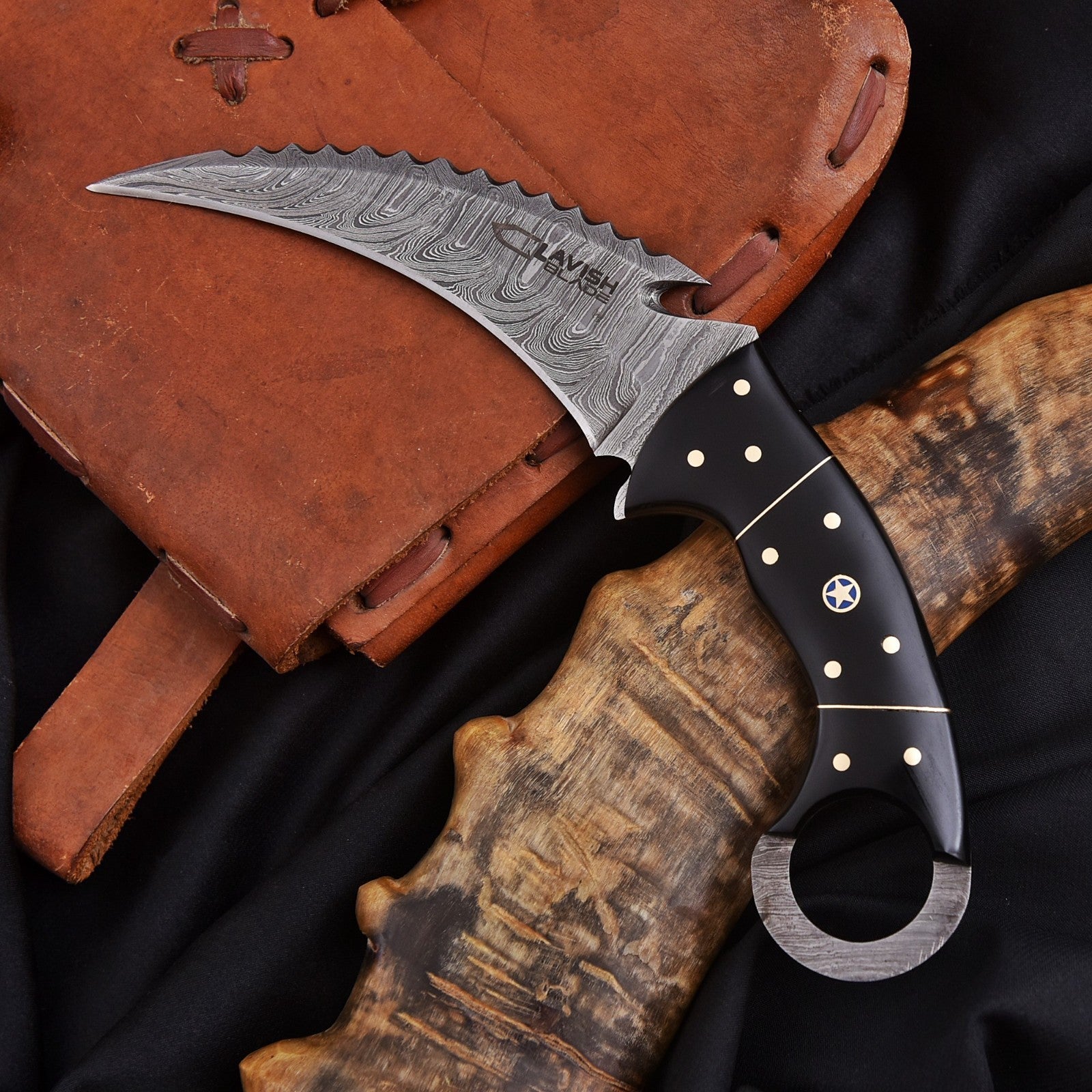Handcrafted Damascus Karambit Knife 8 Inch Black Wood Handle with Tooled Sheath - Lavish Blade