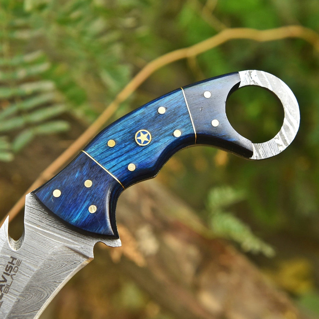 Handcrafted Damascus Karambit Knife 8 Inch Blue Wood Handle with Tooled Sheath - Lavish Blade