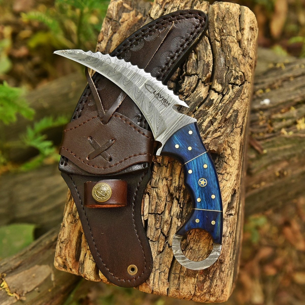 Handcrafted Damascus Karambit Knife 8 Inch Blue Wood Handle with Tooled Sheath - Lavish Blade