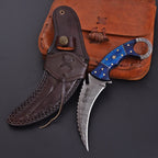 Handcrafted Damascus Karambit Knife 8 Inch Blue Wood Handle with Tooled Sheath - Lavish Blade