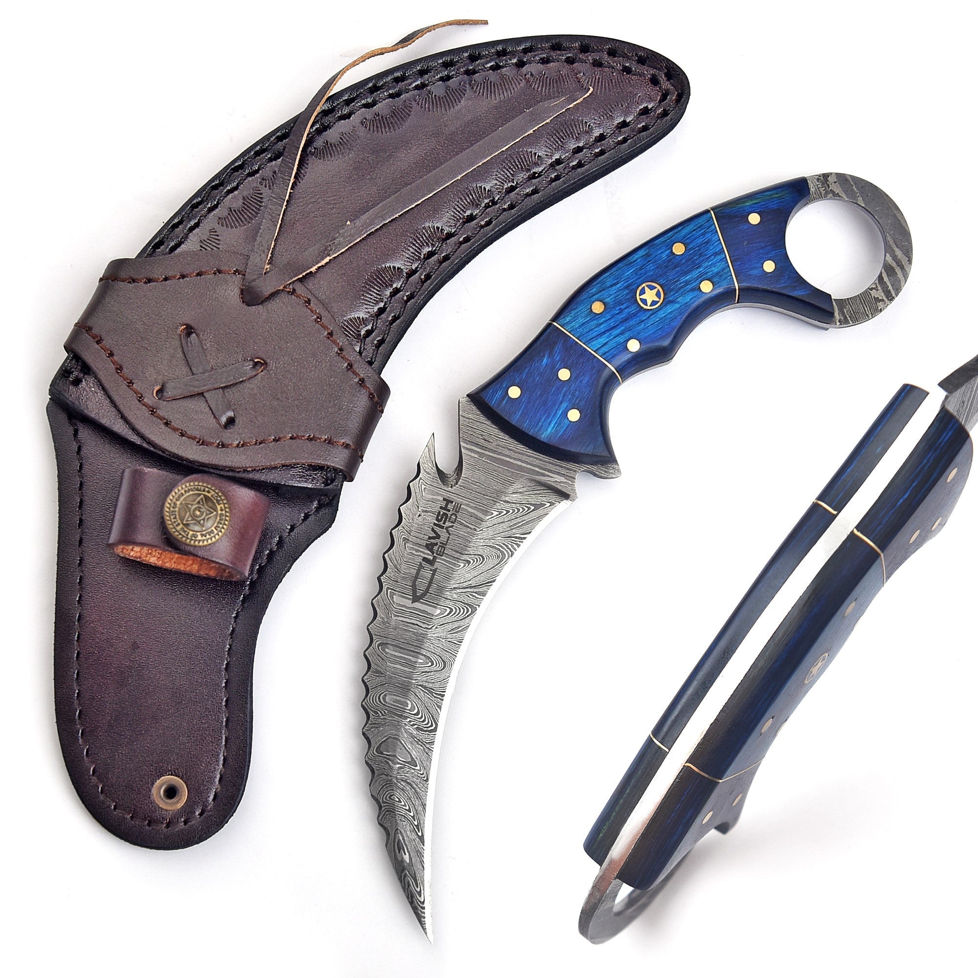 Handcrafted Damascus Karambit Knife 8 Inch Blue Wood Handle with Tooled Sheath - Lavish Blade