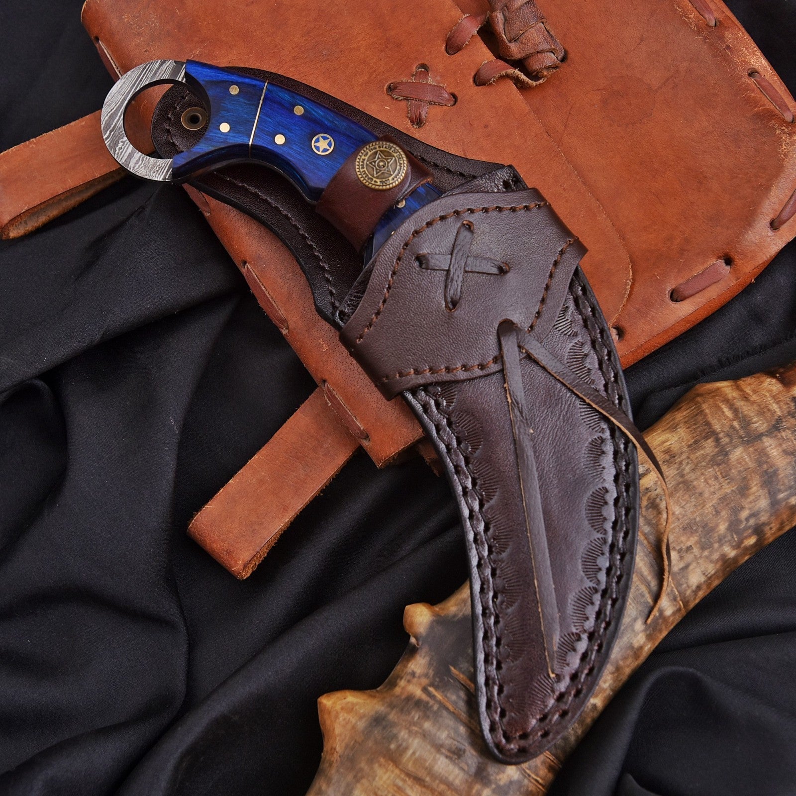 Handcrafted Damascus Karambit Knife 8 Inch Blue Wood Handle with Tooled Sheath - Lavish Blade