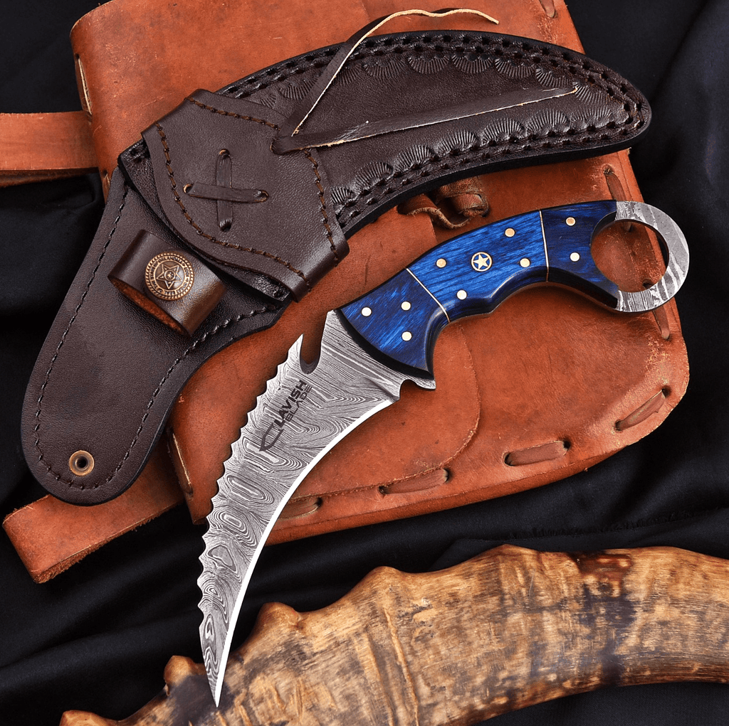 Handcrafted Damascus Karambit Knife 8 Inch Blue Wood Handle with Tooled Sheath - Lavish Blade