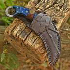 Handcrafted Damascus Karambit Knife 8 Inch Blue Wood Handle with Tooled Sheath - Lavish Blade