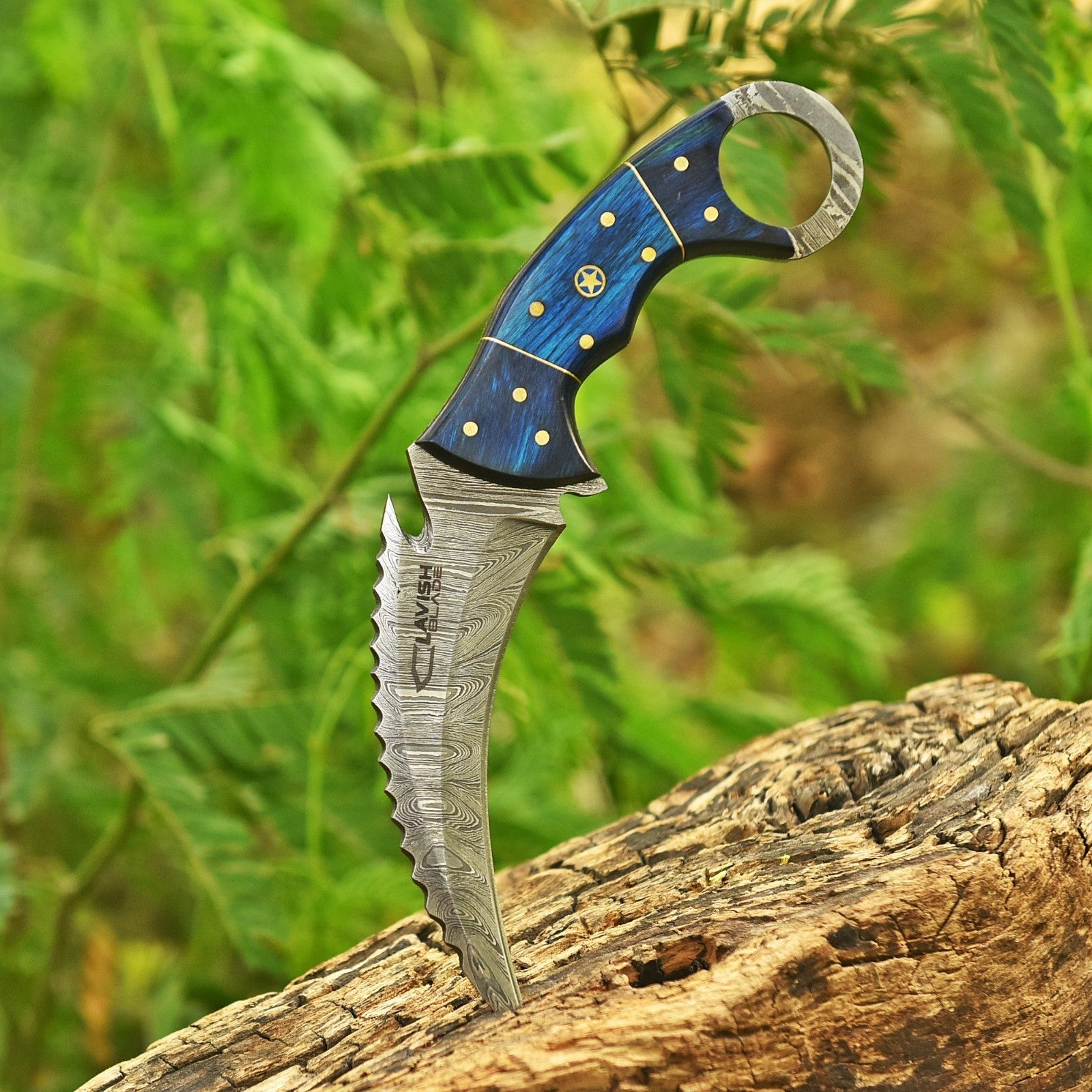 Handcrafted Damascus Karambit Knife 8 Inch Blue Wood Handle with Tooled Sheath - Lavish Blade