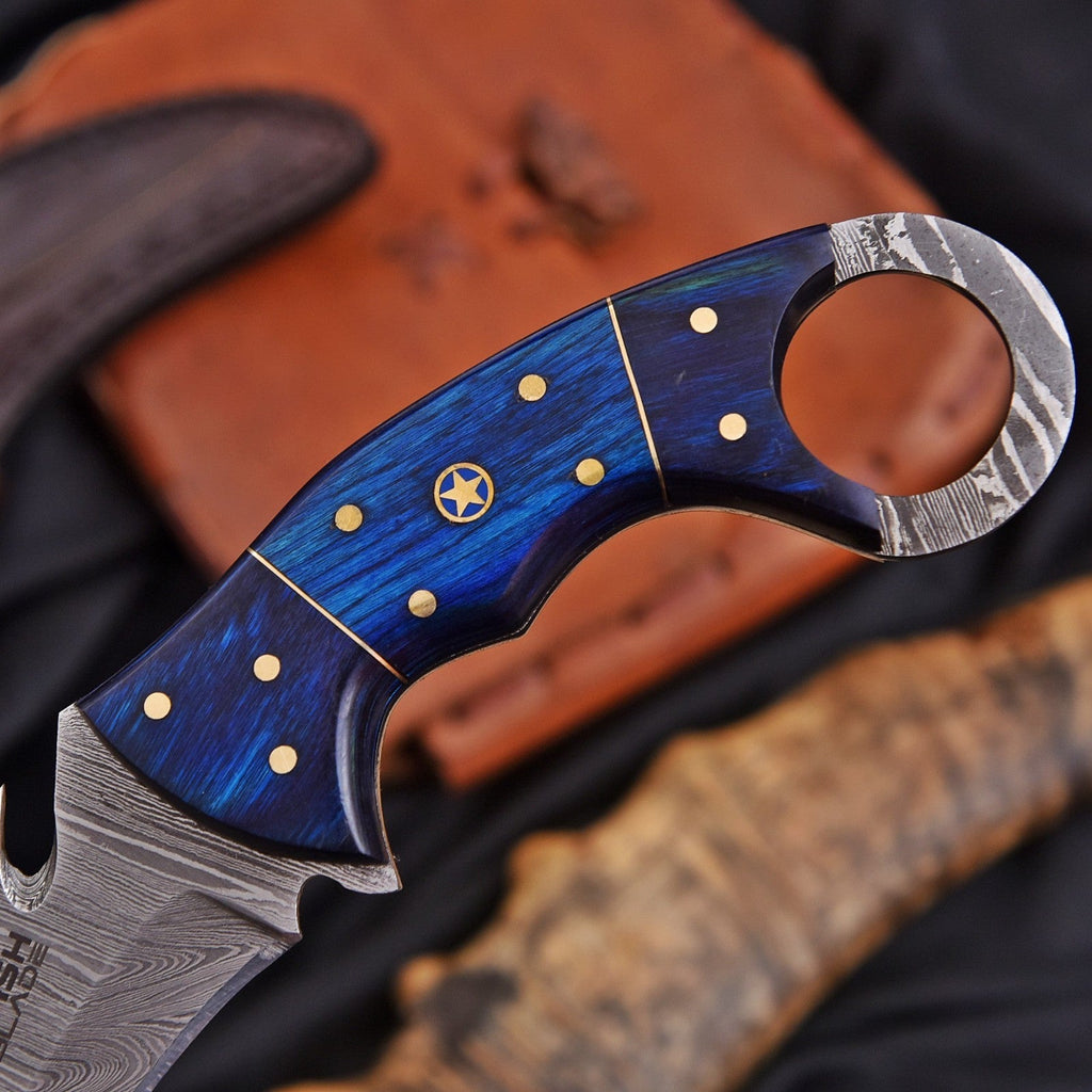 Handcrafted Damascus Karambit Knife 8 Inch Blue Wood Handle with Tooled Sheath - Lavish Blade