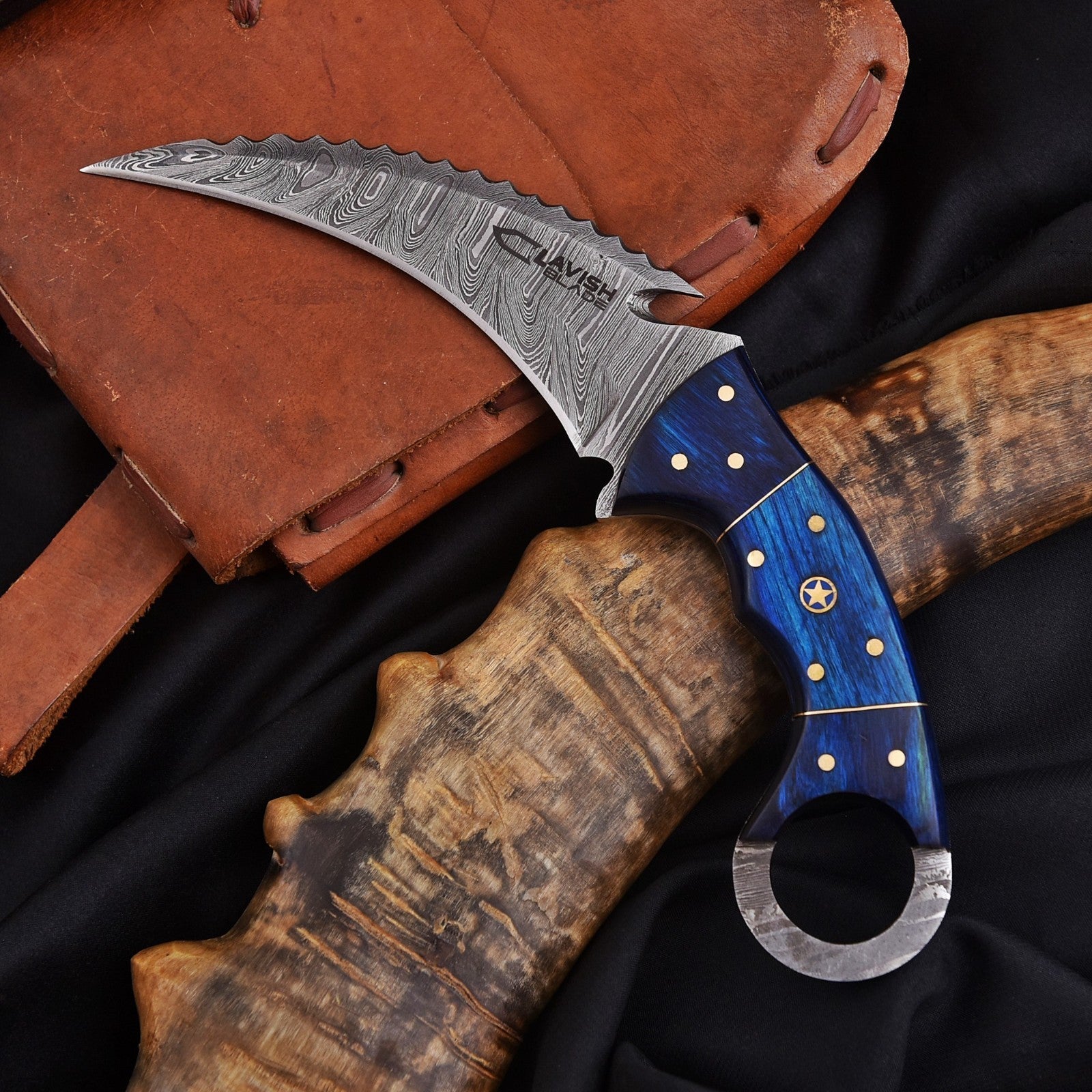 Handcrafted Damascus Karambit Knife 8 Inch Blue Wood Handle with Tooled Sheath - Lavish Blade