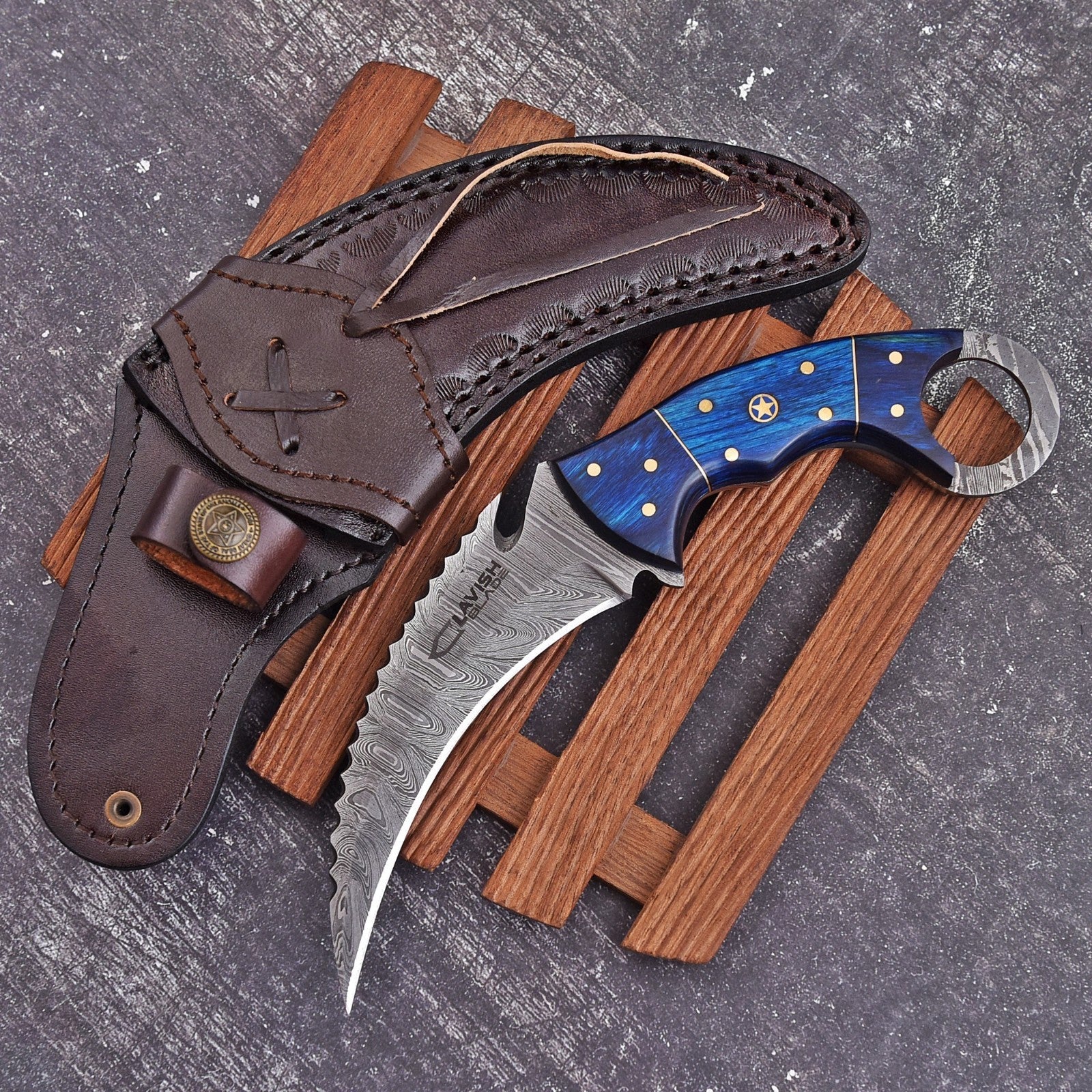 Handcrafted Damascus Karambit Knife 8 Inch Blue Wood Handle with Tooled Sheath - Lavish Blade